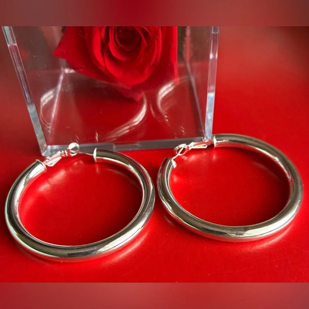 925 Silver Earrings,Classic Chunky Hoop Earrings in Silver